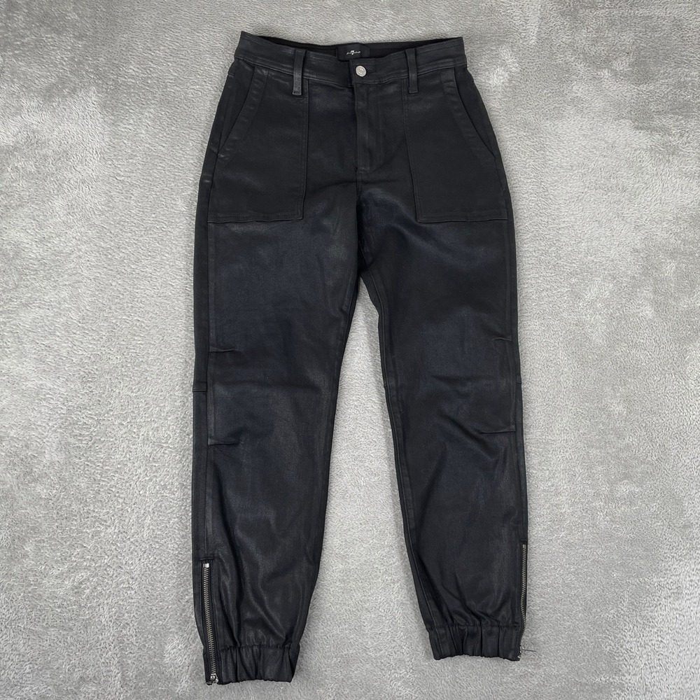 7 For All Mankind Joggers Womens 25 Black Coated Denim Utility Ankle Zip Pants